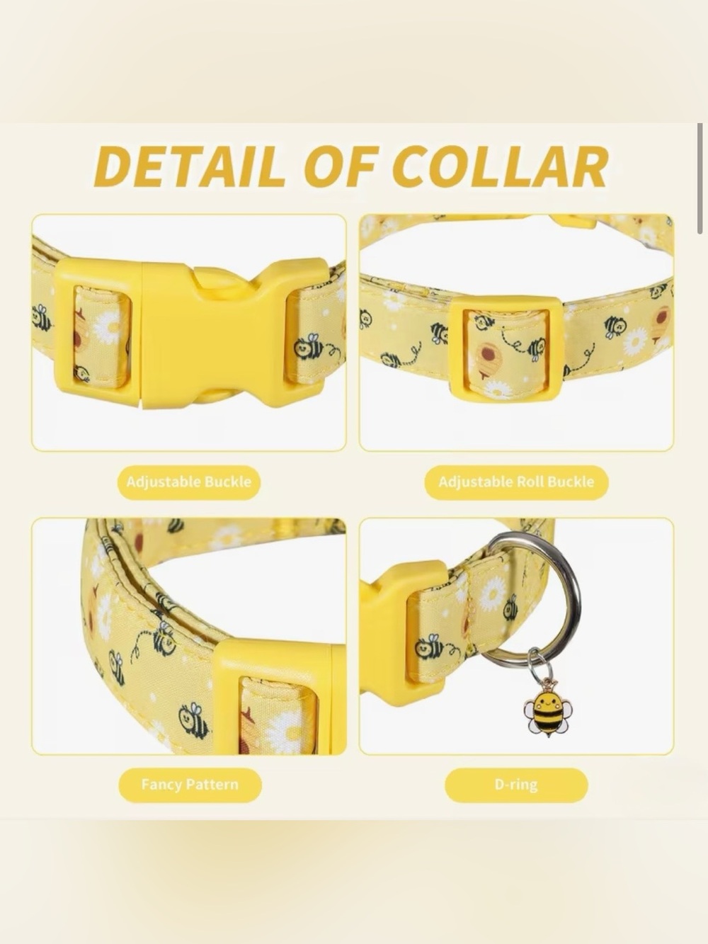 Yellow Bee Print Adjustable Dog Collar with bee charm. 🐝 XS or Medium sizes - Picture 6 of 7